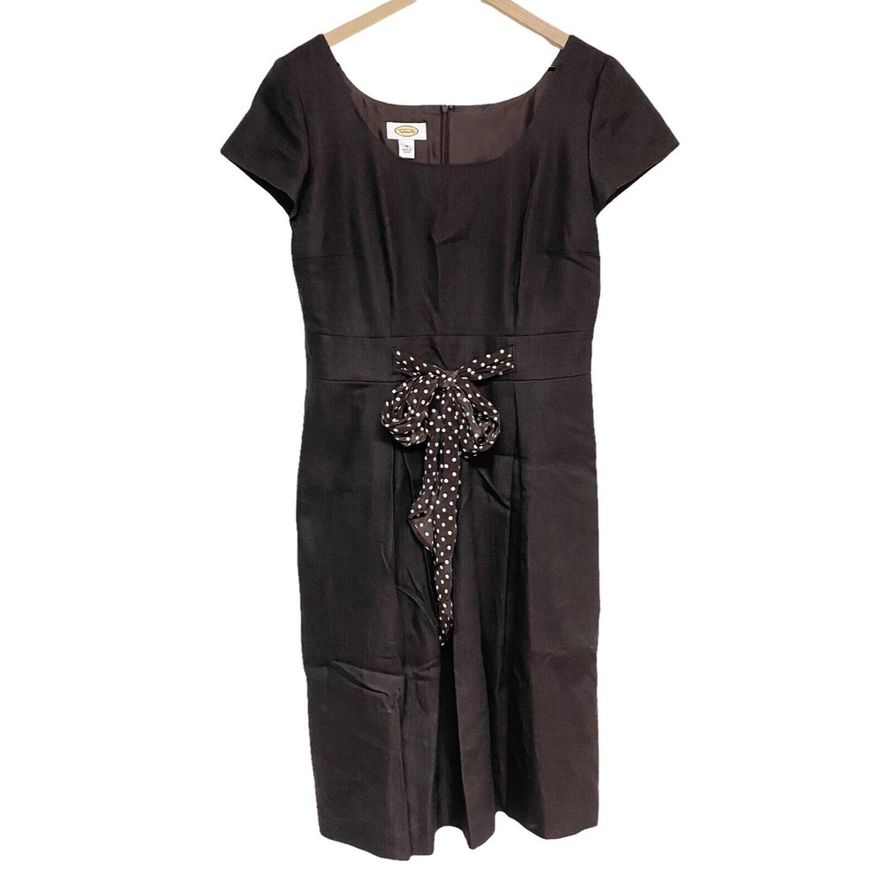 Talbots Womens Brown Silk Blend Midi Dress Size 10 Short Sleeve Bow Front Shift